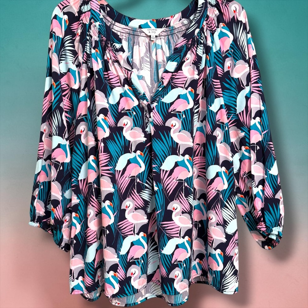 Crown & Ivy Flamingo Palm Print Peasant Blouse Navy Pink XL 3/4 Sleeve Tropical